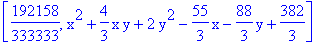 [192158/333333, x^2+4/3*x*y+2*y^2-55/3*x-88/3*y+382/3]